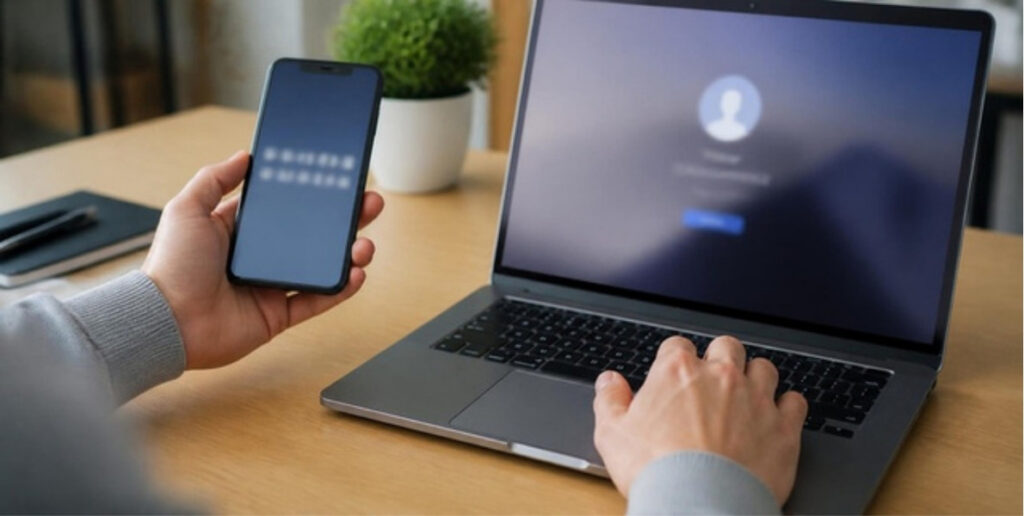 Person using multifactor authentication with a phone code to log in to a laptop