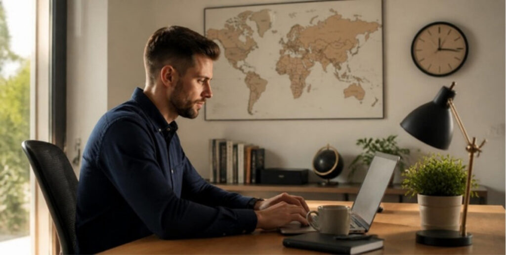 Remote worker writing an update for asynchronous communication across time zones