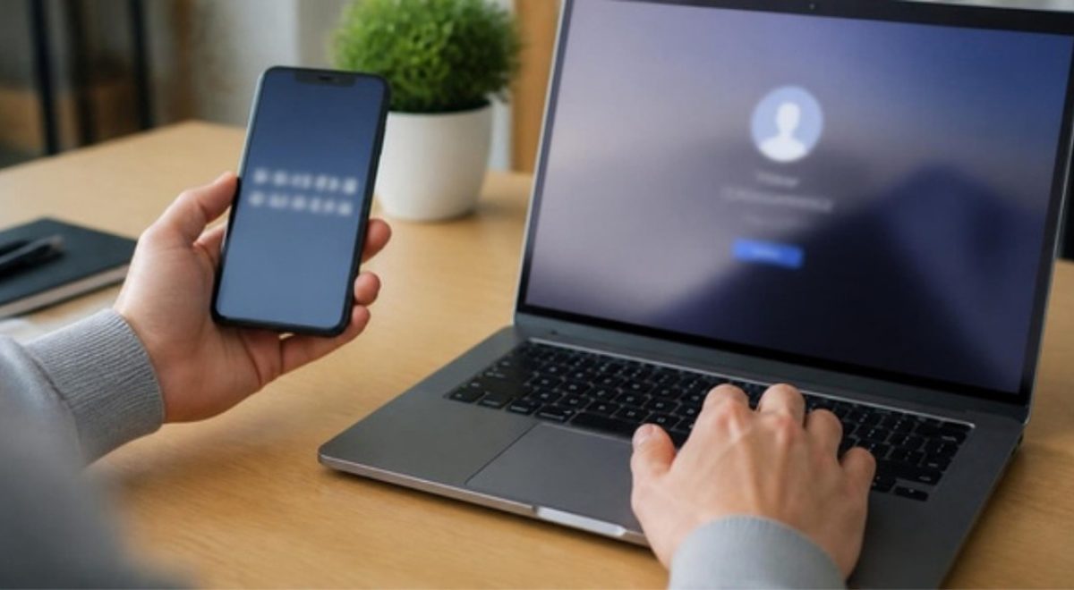 Person using multifactor authentication with a phone code to log in to a laptop